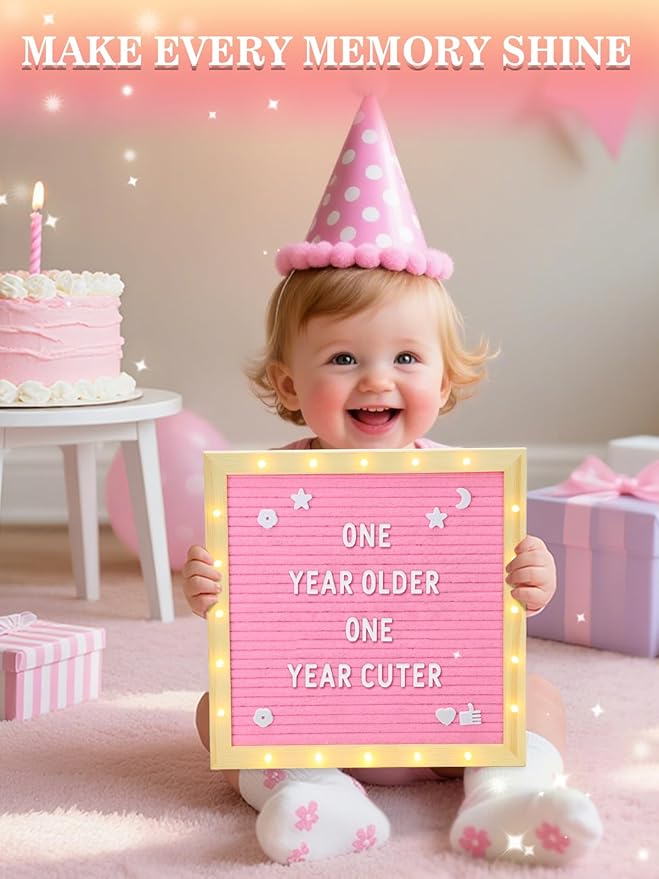 Changeable Felt Letter Board with LED Lights - 10''×10" Message Custom Signs & Wood Stand & 450 Letters, Poster Board for Baby/Pregnancy Announcement/Classroom Wall Decor Gifts, Pink