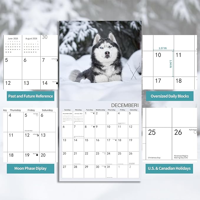 2025-2026 Wall Calendar,Siberian Husky Wall Calendar, 12" x 24" Open,Family Planner Calendar Organizer with Husky Images, for Dogs Lovers