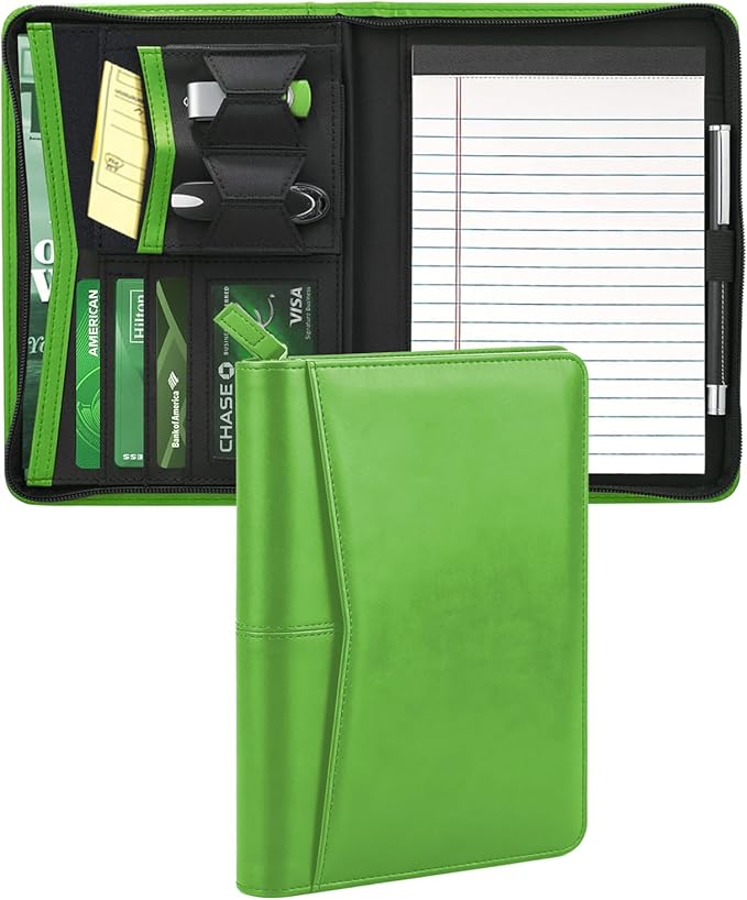 Junior Padfolio Portfolio with 5 x 8 Writing Pad, A5 Business Portfolio Binder Folder Organizer Multi-Function Combination Case for Men Women,Green