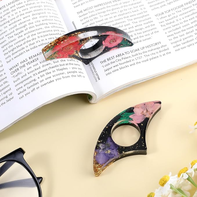 cobee Dried Flower Book Holder, 2 Pcs Handmade Thumb Book Page Holder Resin Reading Accessories Ring Book Opener Floral Bookmark for Teachers Book Lovers(Black,Purple,red)