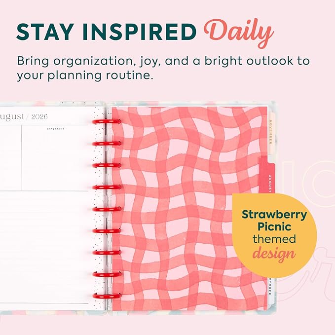 Happy Planner Disc Bound Planner July 2026–June 2027, Includes 3 Extra Months and 2 Sticker Sheets, Classic Size, 7" x 9.25", Horizontal Layout, Strawberry Picnic