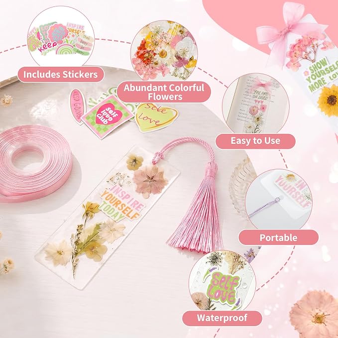 Pressed Flower Bookmark Kit,233Pcs Dried Flower Book Mark Making Kits,Includes 80 Dried Flowers,50 Laminating Pouches,50 Tassle and Puncher,Handmade Craft Gift DIY Bookmarks for Women Girl Book Lovers