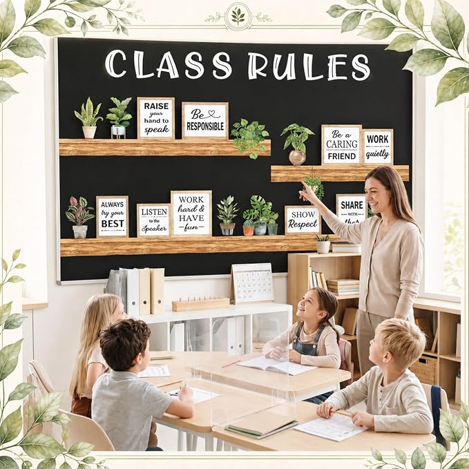 Qilery Class Rules Bulletin Board Decorations, Farmhouse Motivational Classroom Decor Set with Plant Wood Shelf Cutouts, Positive Behavior Quotes for Teacher Supplies, School Wall and Door Display