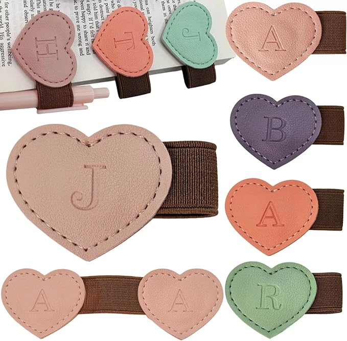 Personalized Magnetic Leather Heart Bookmark with Pen Holder - 26 Letters Custom Book Mark Notebook Pencil Loop with Initial Book Marker for Readers, Book Lovers- Gifts for Women Men(Pink,J)