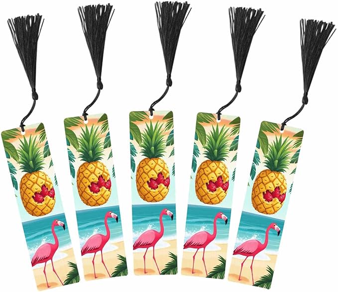 Fun Pineapple 5 Pcs Bookmarks Flamingo Palm Leaf Beach Summer Wooden Bookmarks with Tassel for Students Reader Teachers Book Lovers