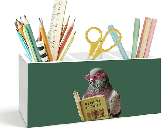 Funny Pigeon Pen Holder for Desk, Pigeon Lover Gifts, Humorous Bird Reading Book Wooden Box Toothbrush Holder Organizer for Bathroom Toilet Desk Accessories