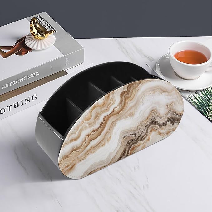 Beige Marble Texture Remote Control Holder with 5 Compartments Leather TV Remote Caddy Remote Storage Box Desktop Organizer for Pen/TV Remotes/Media Controllers/Office Supplies
