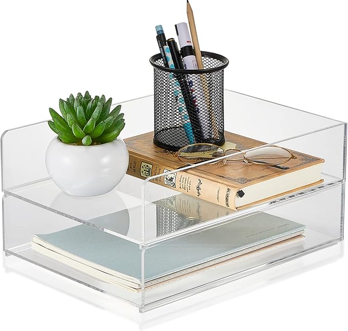 Yulejo 2 Pcs Acrylic Desk Organizers and Accessories Tier Paper File Organizer Tray Stackable Document Clear Desk Accessories for Office Workspace Organization (12.01 x 9.25 x 2.68 Inch)
