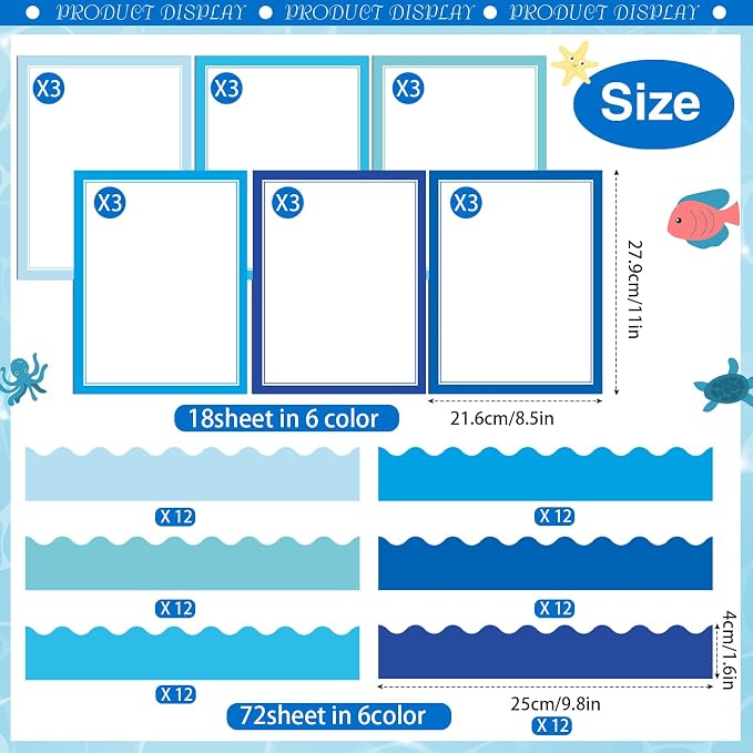 90 Pcs Science Fair Board Supplies Include 72 Trim Scalloped Bulletin Borders 18 Presentation Board Subtitles for Classroom Office Display (Ocean)
