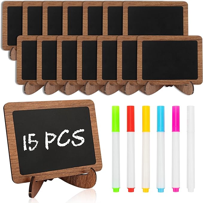 Temlum 15 Pcs Mini Chalkboard Sign with 6 Color Chalk Markers, 2.9″ x 3.9″ Wooden Blackboard Reusable Small Chalkboards for Food, Buffet, Parties, Message Boards, Table Numbers (Rectangular)