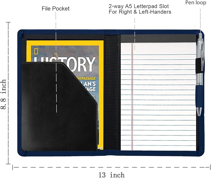 Mini Padfolio/Junior Portfolio Folder Case, Business A5 Binder Organizer Notepad for Men Women, 5 x 8 Writing Pad Included, Navy Blue.