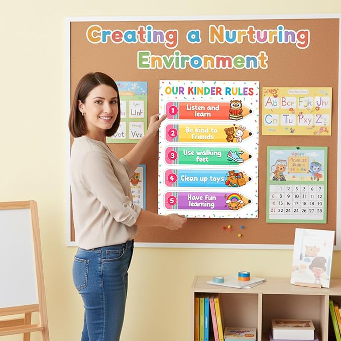 D4DREAM Classroom Rules Poster - 11.2'' Colorful Classroom Expectations Wall Art Teacher Must Haves for Classrooms Preschool Kindergarten Homeschool daycare Back to School Teacher Supplies