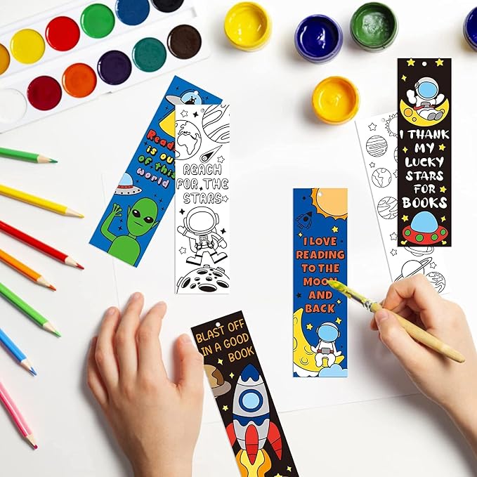 Haooryx Color Your Own Outer Space Bookmarks - 72Pcs Creative DIY Coloring Planet Rocket Spaceship Blank Book Marker for Reading Lovers Accessories Paint Paper Art Craft Space Party Supplies
