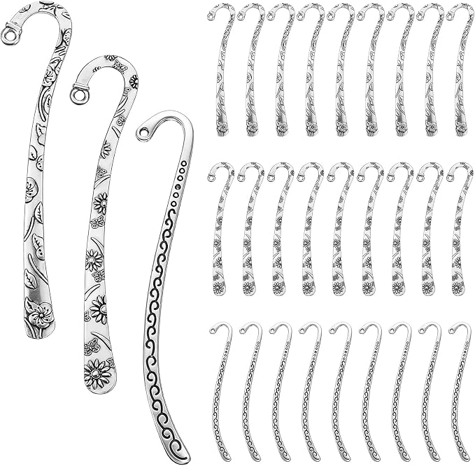 Metal Bookmark Hooks, 30 Pcs Vintage Tibetan Silver Carved Alloy Bookmarks with Loop for DIY Crafting, Tassels & Hairpins, Rust-Free Gift for Readers & Book Lovers, Silver