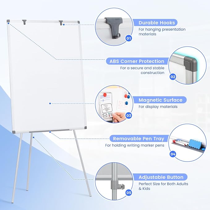 MAKELLO White Board with Stand, Portable Whiteboard Easel 40x28 in for Office Classroom Home School, Adjustable Height, Aluminum Frame