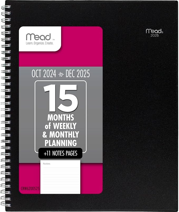 Mead 2025 Planner, Weekly & Monthly, 15-Month, 8-1/2" x 11", Large, Basic, Black (CRW6200525)