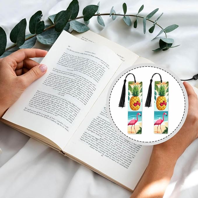 Fun Pineapple 5 Pcs Bookmarks Flamingo Palm Leaf Beach Summer Wooden Bookmarks with Tassel for Students Reader Teachers Book Lovers