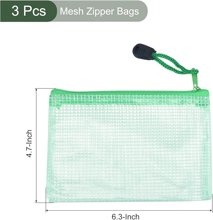 YOKIVE 3 Pack Mesh Zipper Bags, A6 Mesh File Pockets Plastic Document Pouch, Great for Office Appliances Travel Storage(Green)