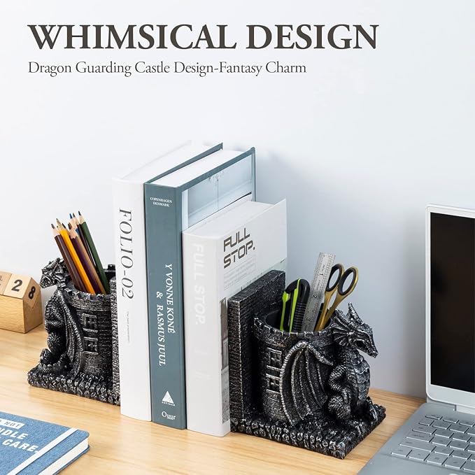 Bookends Dragon, Gothic Black Resin Dragon Guarding Castle Pencil Cup Bookends, Office Desk Book Ends with Decorative Fantasy Dragons and Stone Tower Pen Holders, 1 Pair
