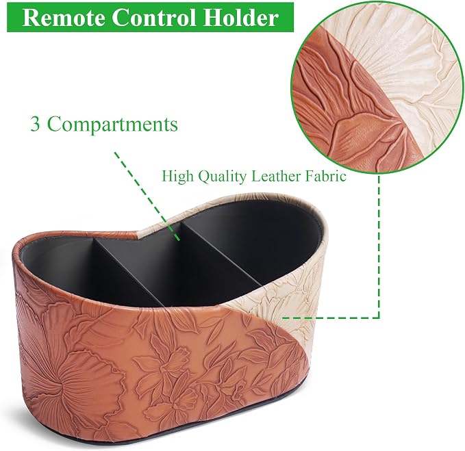 Two Leaves Shaped Leather Art Supply Organizer,Remote Control Holder,Multi-Functional Pencil Holder,3 Compartments Desktop Stationary Organizer(1-Brown)