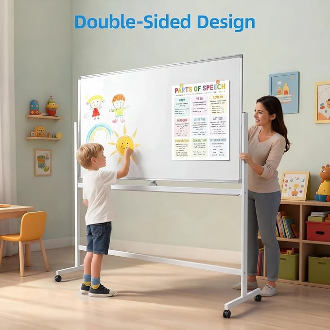 VOWNER Double-Sided Magnetic Whiteboard, 72" x 40" Large Mobile Dry Erase Board, Reversible Rolling White Board with Aluminum Frame & Stand, for Home Office, Classroom, School, White