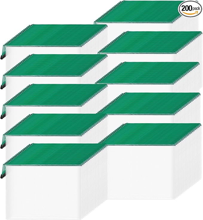 Zhehao 200 Pcs A4 Mesh Zipper Pouch Bulk Waterproof Mesh Zipper Organizer Plastic File Folder Case for School Office Supplies Document Board Games Puzzle(Green)