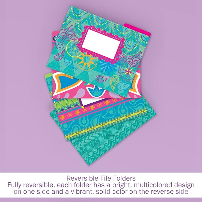 Barker Creek Designer File Folders, Bohemian, Multi-Design, Playful Patterns on Outside, Solid Colors on Inside, Letter Size, 1/3 Cut Tabs, Home, School and Office Supplies (1339), 12pt Cardstock