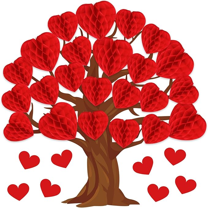 JarThenaAMCS 50Pcs Valentine' s Day Tree Bulletin Board Set 3D Heart Honeycomb Tree Classroom Decorations Red Heart Paper Cutouts for School Wall Door Decor Valentines Party Supplies