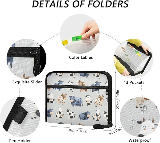Cute Cows Accordion File Organizer Expanding Document Folder with 13 Pockets Portable File Folder for A4 Letter Size