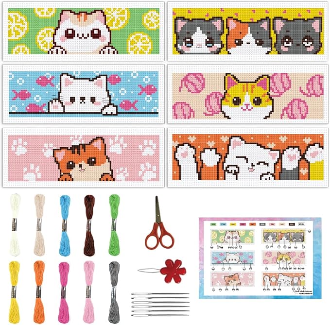 INFUNLY 6pcs Cartoon Cat DIY Cross Stitch Bookmark Kits for Beginner 8.66"×3.15" Cute Kitten Stamped Embroidery Kit with Instruction Pussycat Printed Bookmark Kits for Cat Lovers Book Readers Writers