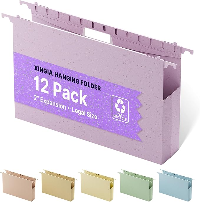 XINGIA Extra Capacity Wheat Straw Legal Size Hanging File Folders, 2" Expansion Heavy Duty File Organizer with Tabs,12 Pack Plastic Filing Cabinet Folders,Hang Folder for Bulky Files(Morandi Purple)