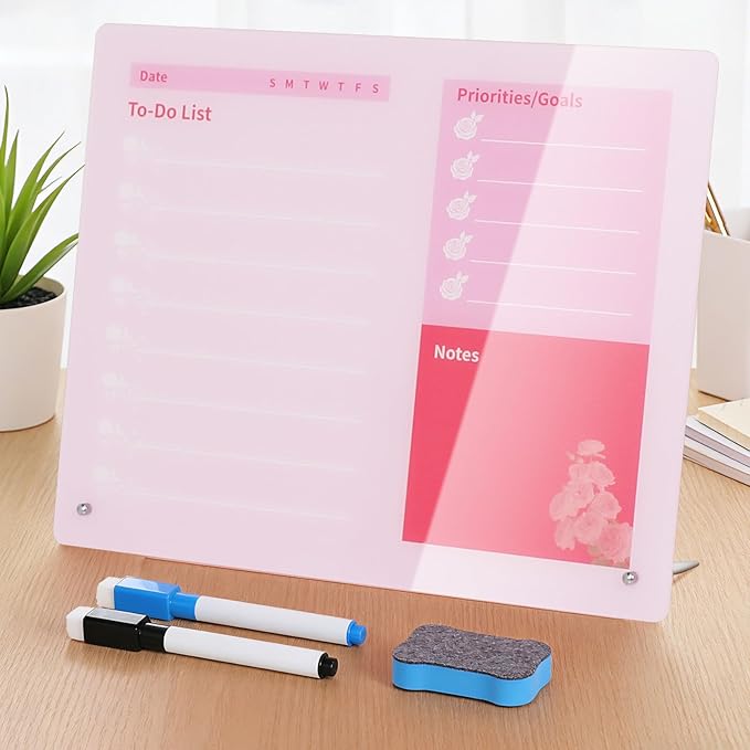 LeMotech Desktop Acrylic Dry Erase Board, 15.7x11.8 inches to-Do List Planner, Tabletop Whiteboard with Stand Office Supplies Includes 2 Markers & 1 Eraser, Pink Rose Pattern, 1 Pack
