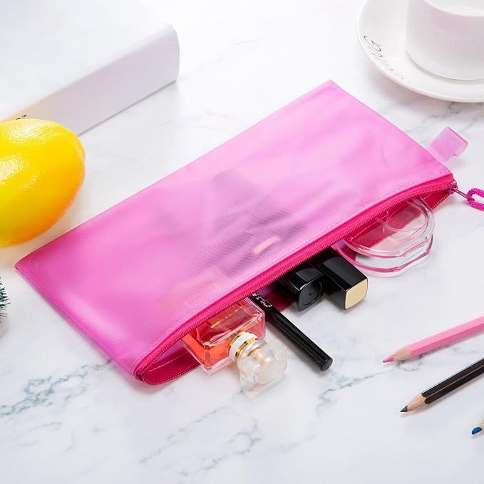 Bememo 12 Pcs Mesh Zipper Pouch Bags Pencil Pouch Zipper File Bags Waterproof Plastic Double Layer for Pen Cosmetics Office Supplies Travel Accessories 6 Colors