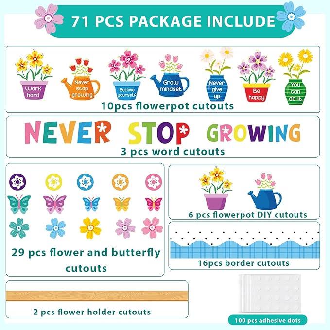 71PCS Never Stop Growing Bulletin Board Spring Bulletin Board Decorations Set Positive Flower Butterfly Paper Cutouts for Teacher Back to School Classroom Chalkboard Wall Decor Supplies