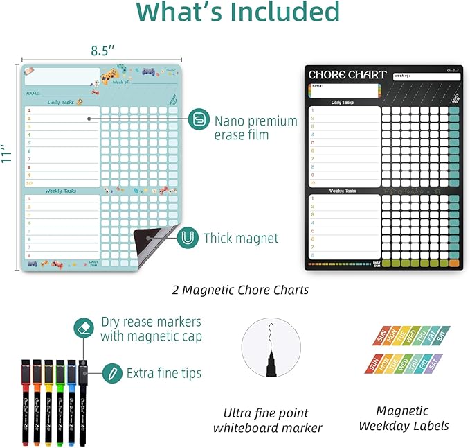 Magnetic Dry Erase Chore Chart - 8.5"x11" Behavior Responsibility Chore Board, Reward Chart for Kids, Teenagers - 6 Extra Fine Point Markers Included - Shipped Flat