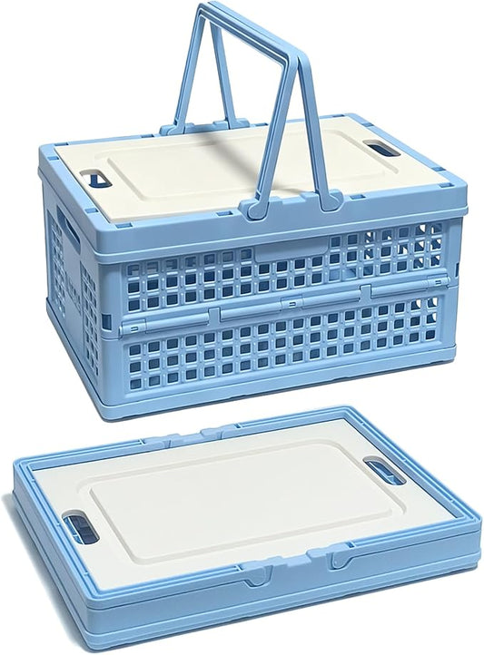 Collapsible Storage Crate with Lid, Folding Crates Bins, Stackable Plastic Storage Baskets with Handle for Home Organization, Office, Picnic, Camping, Groceries, Car Trunk(13.6x9.6x7.28 Inch, Blue)