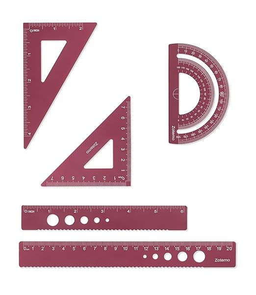 Metal Geometry Set, 5-Piece Aluminum Ruler, Math Drafting Ruler Kit Includes Protractor, Triangle Rulers, Straight Rulers-Math Measurement Tools for School and Office Supplies (Plum Red)