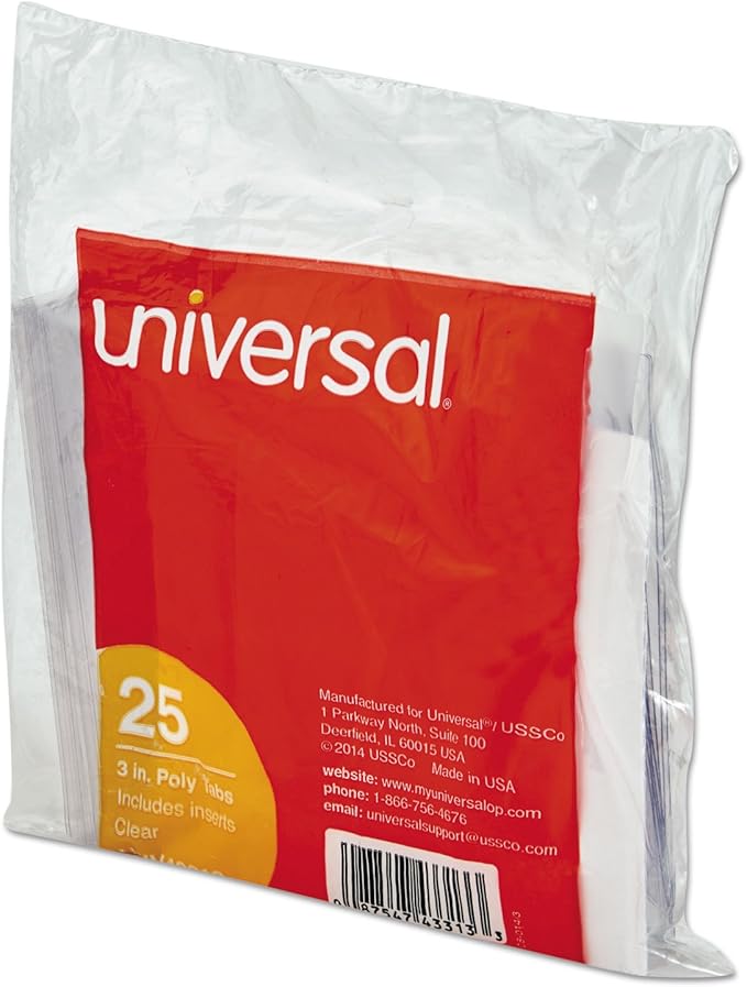 Universal Hanging File Folder Plastic Index Tabs, 1/3-Cut, Clear, 3.7" Wide, 25/Pack
