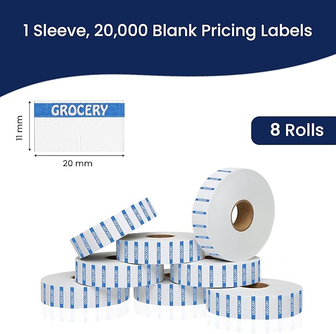 Monarch 1131 Blue Reverse Print on White Grocery Labels—8 Rolls, 1 Sleeve, 20,000 Labels for Monarch 1131 Price & Date Guns—with Tamper-Proof Design for for Supermarkets, Corner Stores & More—USA Made