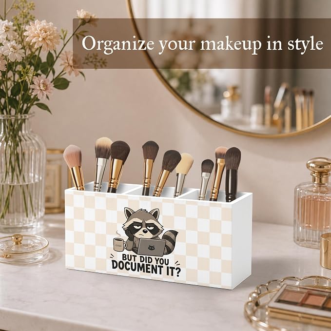 Funny Raccoon Pen Pencil Holder for Desk, Human Resource HR Gifts, Raccoon Gifts, But Did You Document It Checkered Wooden Pencil Holder Organizer Desk Accessories Decor for Home Office