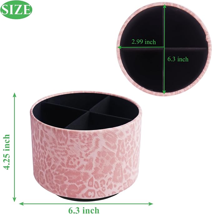 Round Leather Art Supply Organizer,Remote Control Holder,360 Degree Rotating,Multi-Functional Pencil Holder,4 Compartments Desktop Stationary Organizer(1-Leopard Pink)