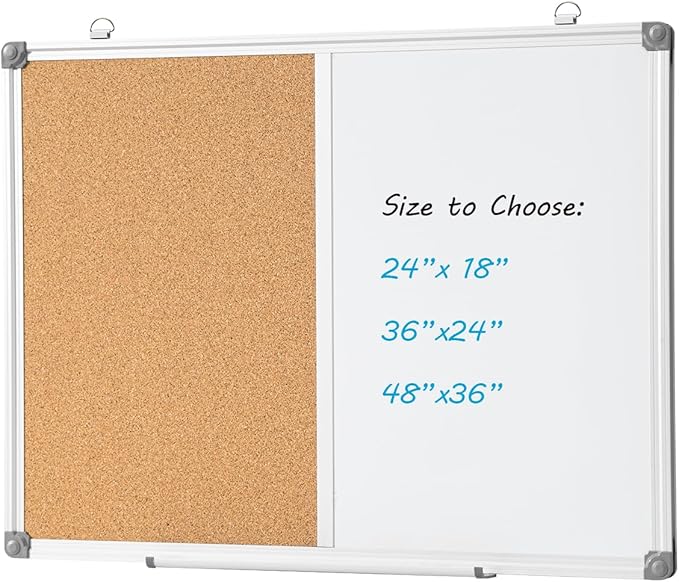 Cork Board and Whiteboard Combination, 24" x 18" Bulletin & Magnetic Dry Erase Board for Wall, Vision Board for Home, Office, School, Silver Aluminum Frame