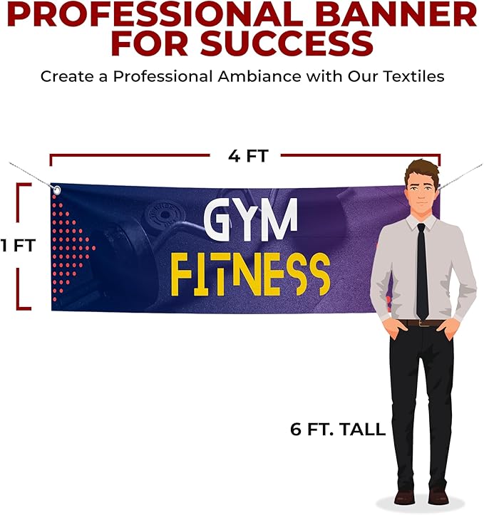 Gym Fitness Large Banners and Signs for Outdoor by Mavis Printing-Polyester Banner with 4 Holes for Easy Hang Indoor & Outdoor|4x1 Feet HD Print Sign to Promote Church| Made in USA