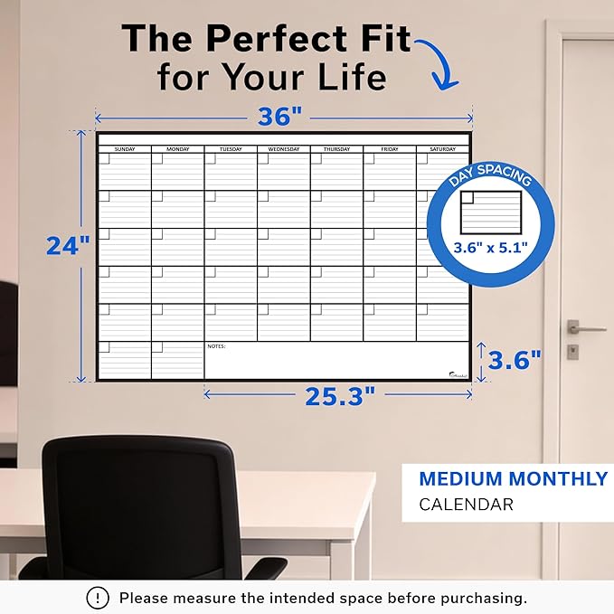 Large Dry Erase Calendar for Wall, 24x36, Large Wall Calendar Dry Erase, Big White Board for Office, Home & School, Giant Erasable Whiteboard, Jumbo Monthly Undated Reusable White Board Planner