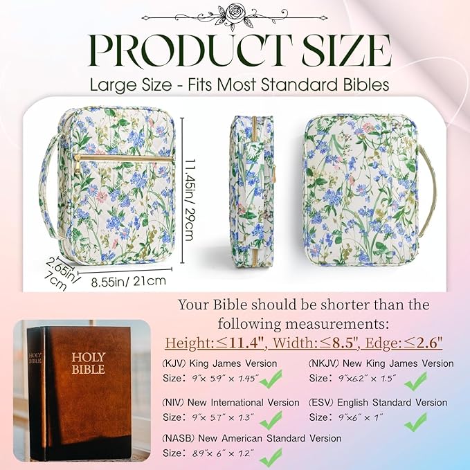 Flower Bible Cover Cases, Quilted Cotton Bible Bag with Multi Pockets 26 Pcs Study Supplies Journaling Kit, Durable Book Carrying Cases Easter Stuffers Gifts with Green Blue Flower Print
