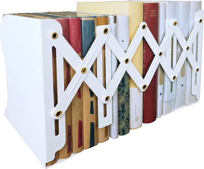 Metal Bookends, Book Ends for Heavy Books, Adjustable Book Holder for Shelves, Book Stopper for Home/School/Office, Extends up to 19 inches, White