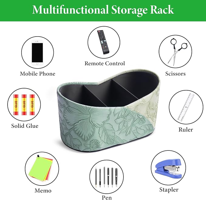 Two Leaves Shaped Leather Art Supply Organizer,Remote Control Holder,Multi-Functional Pencil Holder,3 Compartments Desktop Stationary Organizer(1-Green)