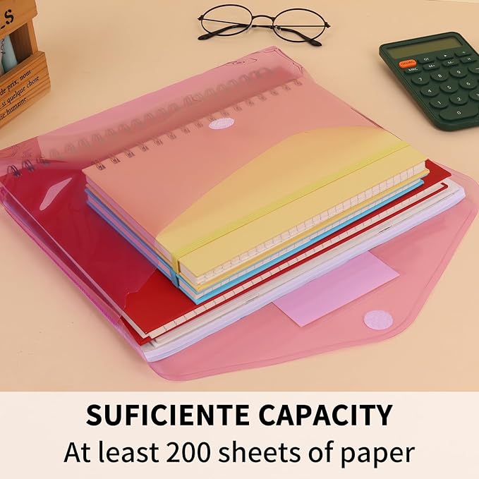 EOOUT 7pcs Plastic Envelopes Poly Envelopes, Clear Document File Folders with Hook & Loop Closure, A4 Size with Label Pocket for School Home Work Office Organization