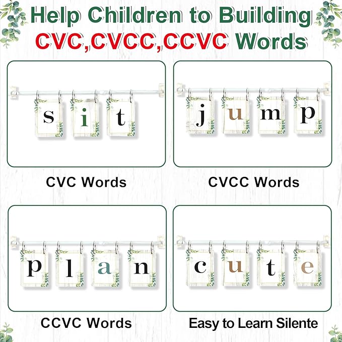 Green Eucalyptus CVC Word Builder with 117 Alphabet Flash Cards Phonics, Adjustable CVCC & CCVC Flip Charts with Holder Spelling Game Bulletin Board Letters for Home Wall Decor Supplies