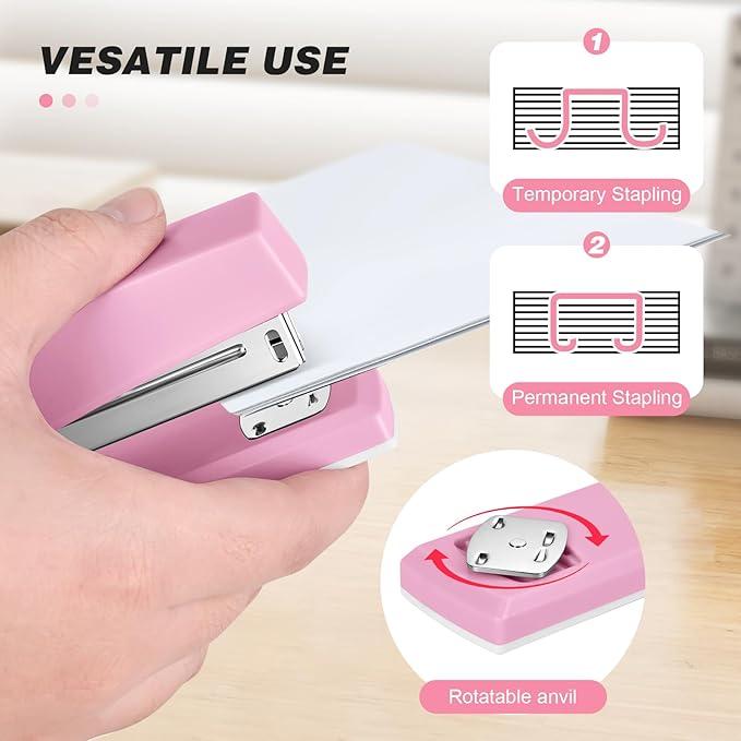 Stapler with 5000 Staples - Office Stapler, 25 Sheet Capacity, Staplers for Desk, Non-Slip, Pink